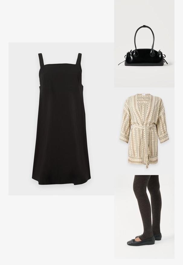 Bata ligera de crema con rayas verticales negras y verdes, patrones en puntos y un cinturón de lazo. Presenta mangas de tres cuartos y un corte holgado.; Vestido negro sin mangas con escote cuadrado, hecho de una tela suave, que presenta un corte suelto y recto. Sin patrones ni herrajes visibles.; Piernas con leggings oscuros acanalados combinados con bailarinas negras que presentan pequeños detalles de lazo sobre un fondo blanco.; Pequeño bolso negro brillante con dos asas largas y detalles de cordón lateral sobre un fondo claro liso.