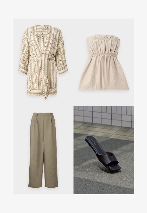 Bata ligera de crema con rayas verticales negras y verdes, patrones en puntos y un cinturón de lazo. Presenta mangas de tres cuartos y un corte holgado.; Top sin tirantes de color beige con textura fruncida, banda elástica en la parte superior y la cintura, y una silueta fluida. Tejido ligero con un sutil brillo.; Pantalones de pierna ancha color caqui, confeccionados en tela texturizada, con cintura alta y sutiles pliegues para un mayor detalle. Acabado liso en la cinturilla.; Sandalia tipo slide de cuero marrón oscuro con punta cuadrada y tiras anchas, descansando sobre asfalto gris cerca de una acera adoquinada.