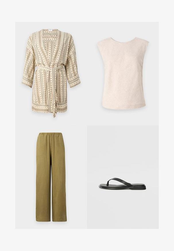 Bata ligera de crema con rayas verticales negras y verdes, patrones en puntos y un cinturón de lazo. Presenta mangas de tres cuartos y un corte holgado.; Top sin mangas de color beige claro hecho de una tela texturizada. Presenta un escote redondo y un ajuste suelto y relajado. Diseño minimalista sin cierres visibles.; Pantalones de pierna ancha en caqui con cintura elástica, hechos de material de algodón suave. Presentan aberturas laterales y un corte recto, ofreciendo un ajuste relajado.; Chancla negra de piel suave, con un diseño de tira delgada y una suela plana de perfil mínimo. Sin patrones ni acentos notables.