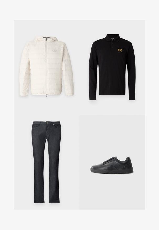 EA7 Emporio Armani TRAIN CORE - Páperová bunda - whitecap gray; Čierna dlhá polokošeľa vyrobená z bavlny, s trojradovým zapínaním na gombíky a kontrastným žltým vyšitým logom na hrudi.; Tmavomodré rifle z denimu s priamym strihom nohavíc, ktoré majú predné a zadné vrecká, zapínanie na kovový gombík a jemné švy.; Čierne kožené tenisky s hladkým povrchom, zaoblenou špičkou, texturovanou bočnou časťou a čiernymi šnúrkami. Majú plochú gumovú podrážku a minimalistický dizajn.
