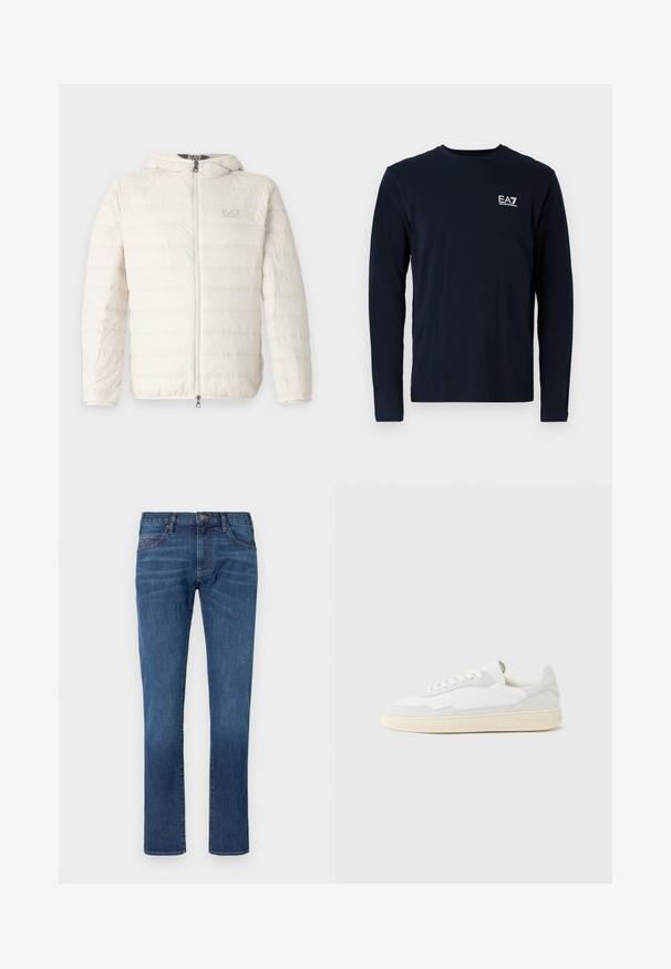 EA7 Emporio Armani TRAIN CORE - Páperová bunda - whitecap gray; Námornícka dlhá mäkká košeľa s dlhým rukávom z bavlny, so zaobleným výstrihom a malým bielym logom EA7 na ľavej hrudi. Hladká textúra.; Modré riflové nohavice so strihom priamo na nohe, s klasickým dizajnom piatich vreciek a zapínaním na gombíky. Jemné blednutie cez textúru látky.; Biela teniska s jemne štruktúrovaným zvrškom zo semišu a kože. Má zaoblenú špičku, viazanie na šnúrky a kontrastnú béžovú gumovú podrážku.