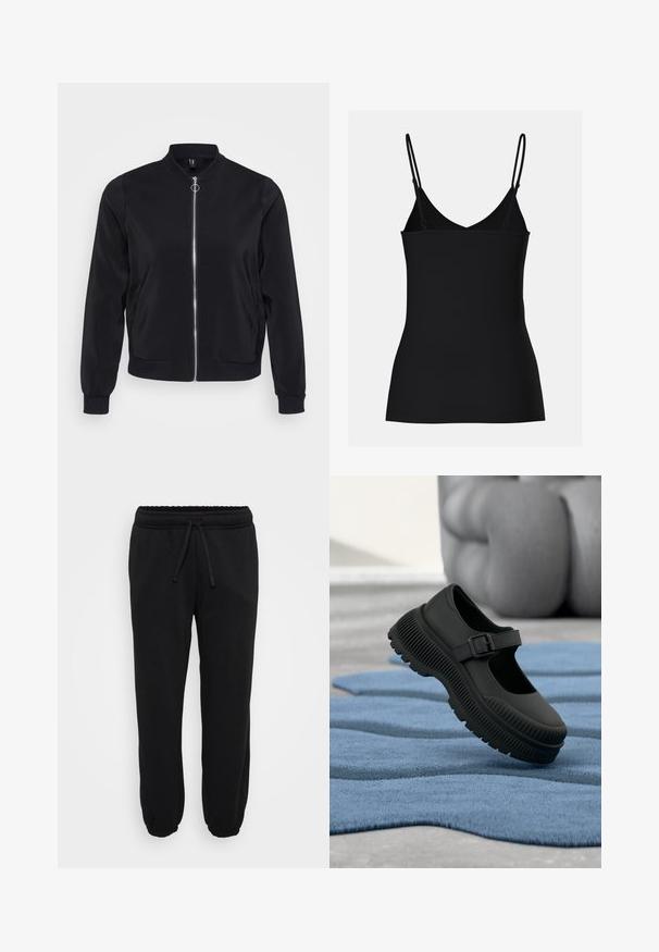 Schwarze Bomberjacke aus einem glatten Stoff mit ribbeltem Kragen, gerippten Ärmeln und einem Frontreißverschluss. Verfügt über seitliche Taschen und ein minimalistisches Design.; Schwarzes Camisole-Top mit dünnen, verstellbaren Trägern, V-Ausschnitt-Design, enganliegender Form und nahtloser Textur. Schlichter und minimalistisch Stil.; Schwarze Jogginghose aus einem weichen, dehnbaren Stoff. Mit einem elastischen Bund, verstellbarem Kordelzug und schmal zulaufenden Bündchen gestaltet.; Schwarzer Mary-Jane-Schuh mit dicker, gerippter Sohle und Schnallenriemen, liegend auf einem strukturierten blauen Teppich mit unscharfem Hintergrund.