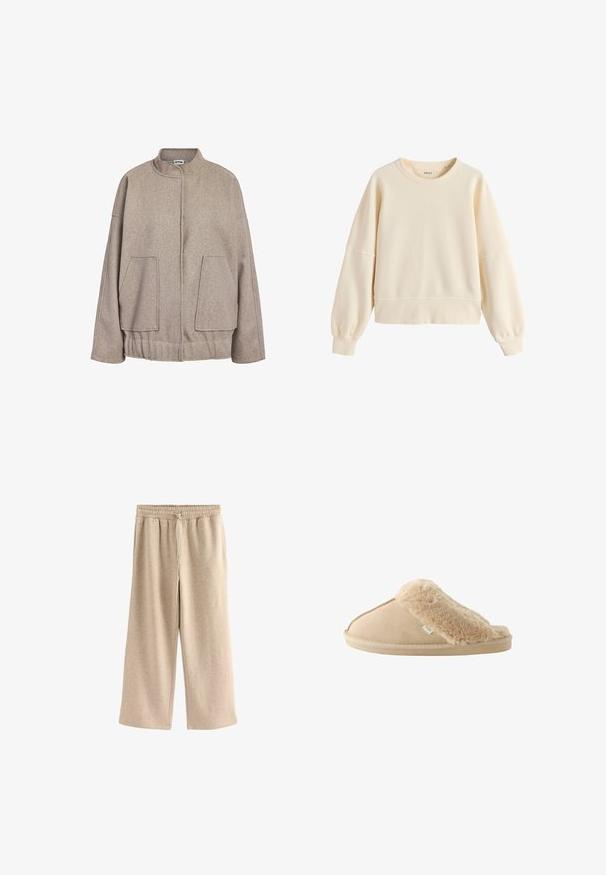Taupe uldblandet jakke med høj krave, sænkede skuldre, store frontlommer og en sammensnørede bund. Glat tekstur, afslappet pasform.; Kremfarvet sweatshirt med rund halsudskæring, lange ballonærmer og ribstrikkede manchetter og kant, enkel casual stil.; Cremefarvede breddebenede bukser lavet af blødt bomuldsblandingsstof. Har en elastisk talje med snor og en subtil plettet tekstur.; Beige slippers med en blød faux fur-overdel og en suede underdel. Har en tekstureret sål og detaljer med stikninger på siden. Mærkets tag er synligt.