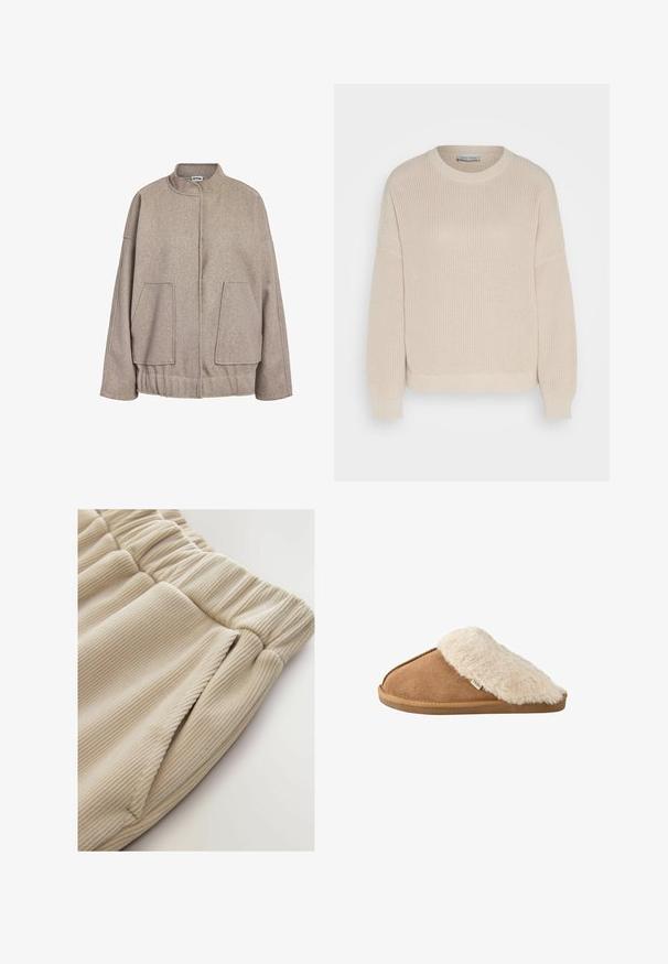 Taupe Wollmischung Jacke mit hohem Kragen, gesenkten Schultern, großen Fronttaschen und einem gerafften Saum. Glatte Textur, lockere Passform.; Anna Field by Zalando Strickpullover - grey; Beige Rippenstoffshorts mit einem elastischen Bund und seitlichen Taschen, die eine weiche Textur und ein lockeres Design aufweisen.; Brauner pantoffel zum Hineinschlüpfen mit weichem beigem Kunstpelzfutter und -sohle, Seitenansicht auf weißem Hintergrund.