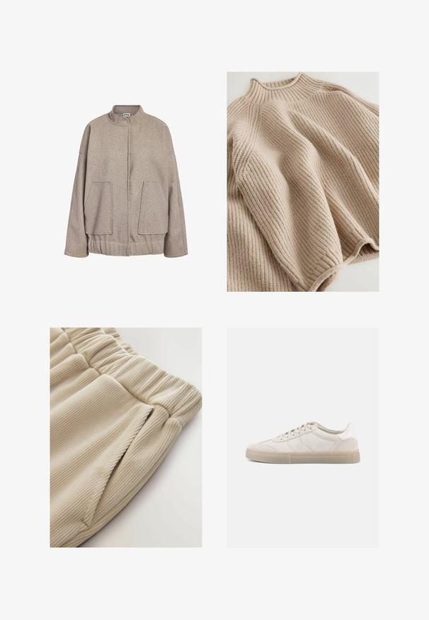 Taupe uldblandet jakke med høj krave, sænkede skuldre, store frontlommer og en sammensnørede bund. Glat tekstur, afslappet pasform.; Strikket sweater i lys beige med en ribbestrikket tekstur, udstyret med en høj krave og en bred, afslappet silhuet. Markeret med en struktureret syning.; Beige ribbede stofshorts med elastisk talje og sidelommer, med en blød tekstur og et afslappet fit design.; Beige ruskindssneakers med lav profil, der har en struktureret overdel, tonale sømme og en lys gummisål. Snørebånd fuldender designet.