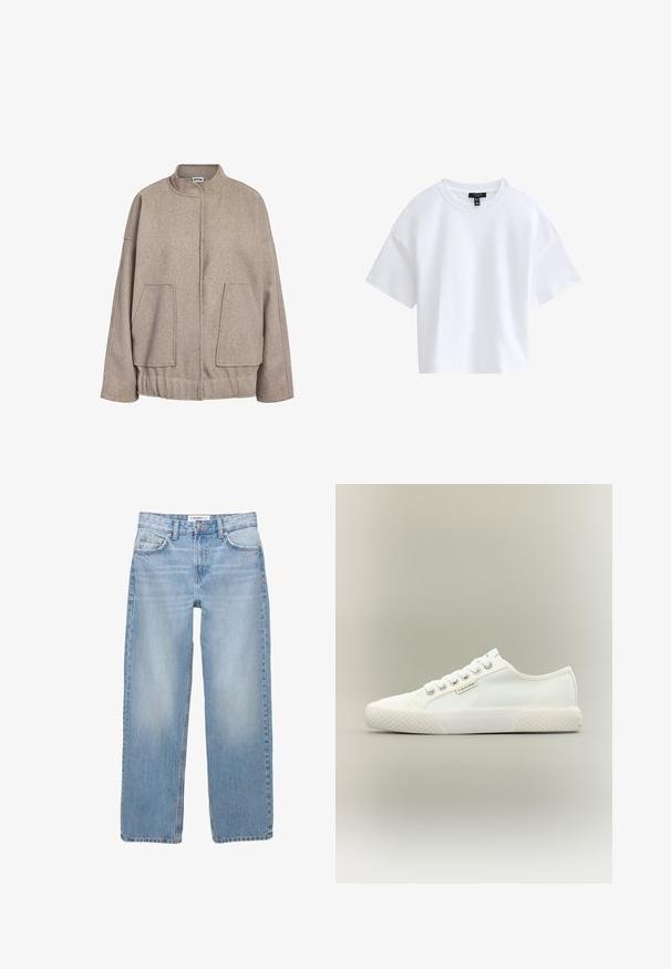 Taupe uldblandet jakke med høj krave, sænkede skuldre, store frontlommer og en sammensnørede bund. Glat tekstur, afslappet pasform.; Simpel hvid kortærmet crop top med rund halsudskæring og sort mærke indeni kraven.; Lyseblå denimbukser med lige ben, fem-pockets stil og synlige syninger. Stofmaterialet har en blød, let falmet tekstur.; Hvid lavtopet lærreds-sneaker med tekstureret gummisål, hvide snørebånd og lille Calvin Klein-mærke på siden.
