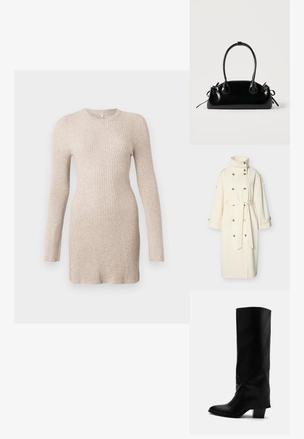Trench-coat long écru avec col haut, boutons croisés, manches larges et ceinture nouée à la taille.; Robe pull longue en tricot côtelé beige à manches longues, avec une taille cintrée et un col rond sur fond blanc.; Botte haute en cuir noir avec couture inclinée, bout pointu et talon épais de taille moyenne sur fond blanc.; Petit sac à main noir brillant avec deux longues anses et des détails à cordon sur les côtés sur un fond clair uni.