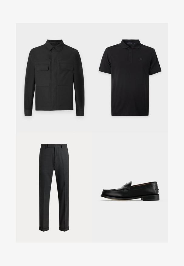 Chaqueta negra con un diseño de cuello, mangas largas y dos bolsillos en el pecho. Está hecha de una tela suave de color sólido y con costuras cuidadas.; Polo negro de manga corta con tapeta de tres botones, logo discreto en el pecho y ribete de marca a lo largo de los hombros.; Pantalones formales de color gris oscuro con trabillas para cinturón, pliegue delantero y puños doblados, mostrados sobre un fondo liso.; Mocasín masculino de cuero negro con tacón bajo y costura estilo mocasín en la puntera, mostrado de lado sobre un fondo liso.