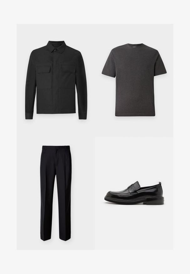 Chaqueta negra con un diseño de cuello, mangas largas y dos bolsillos en el pecho. Está hecha de una tela suave de color sólido y con costuras cuidadas.; Camiseta de manga corta gris, hecha de una tela suave y ligera, con cuello redondo y costuras mínimas. Apta para uso casual.; Pantalones negros hechos a medida con corte recto, pinzas delanteras y bolsillos laterales. Elaborados con una tela suave y ligera con un patrón sólido.; Calvin Klein MOCCASIN - Mocasines elegantes - black