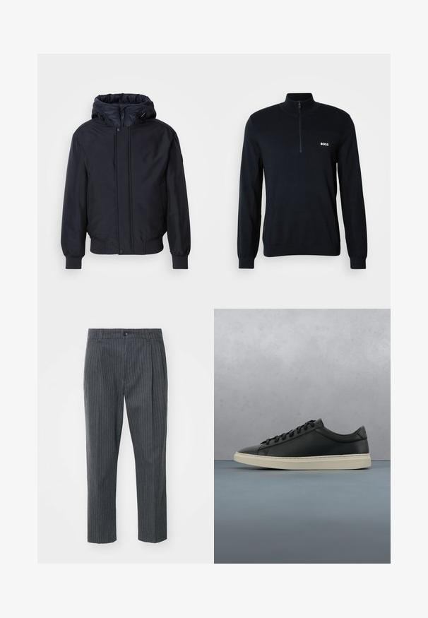 Zwarte capuchonjack met ritssluiting aan de voorkant, elastische manchetten en zoom. Heeft een gladde, matte afwerking en een minimalistisch ontwerp, geschikt voor casual kleding.; Marine pullover met een hoge kraag en een halve rits. Het materiaal is zacht met een gestructureerde afwerking. Heeft een klein wit "BOSS" logo op de borst.; Grijze pinstripe broek met een recht model, voorzien van een knoopsluiting en een soepele stoftextuur. Getailleerde pasvorm met plooien.; Zwarte leren sneaker met een gestructureerde afwerking, voorzien van een beige rubberen zool en zwarte veters, ontworpen met een laag profiel en een minimalistisch ontwerp.
