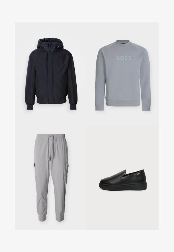 Chaqueta negra con capucha, cierre frontal de cremallera, puños y dobladillo elásticos. Presenta un acabado mate suave y un diseño minimalista, adecuado para uso informal.; Sudadera gris clara con cuello redondo, mangas largas y texto en relieve "BOSS" en el pecho, puños y cinturilla acanalados.; Pantalones cargo gris claro con cintura elástica, cordón ajustable, bolsillos laterales con solapa y tobillos estrechos.; Zapato de cuero negro tipo slip-on con suela gruesa y pequeños orificios de ventilación laterales, con el logo dorado de "HUGO" cerca del talón.