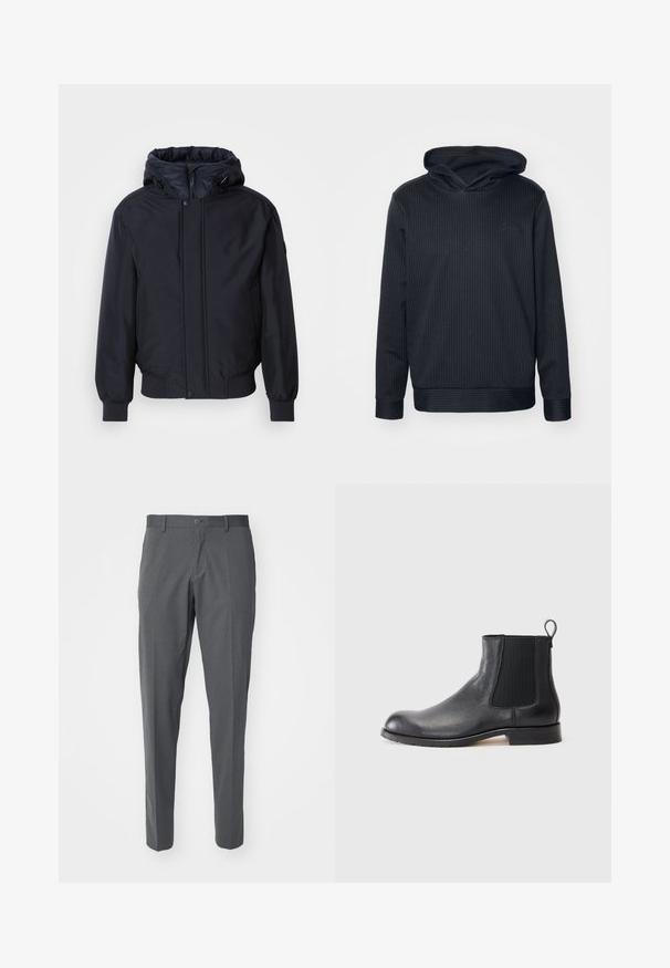 Must mustaga, lukuga ja elastsete mansettidega must kapuutsiga jakk. Omab siledat, mati viimistlust ja minimalistlikku disaini, sobib iga päev kandmiseks.; Must mustaga kapuutsiga, millel on vertikaalsed triibud, pikad varrukad ja soonikkud. Ees on peenelt toonitud logo. Pehme tekstuur.; Hallid hallid püksid, mis on valmistatud siledast kangast, on varustatud nööp sulgemisega, ees olevate taskutega ning saledate lõigetega.; Must musta Chelsea saapad mustast nahast, tekstureeritud ülaosaga, elastsete külgpaneelide ja tõmbeaugu abil. Omab lamedat kummist tallat ja ümarat varba disaini.