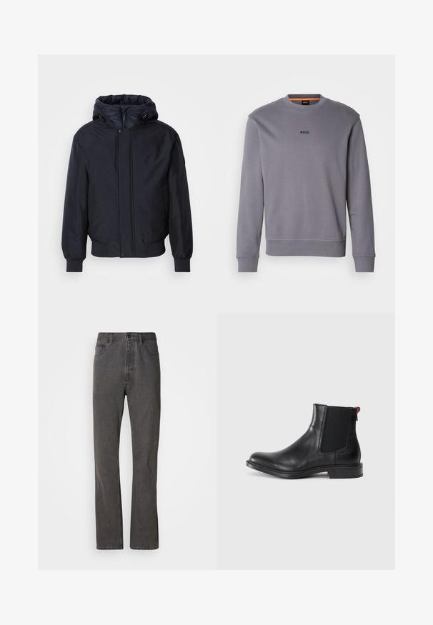 Veste noire à capuche avec fermeture éclair à l'avant, poignets et ourlet élastiques. Caractérisée par une finition lisse et mate, avec un design minimaliste, adaptée pour un port décontracté.; Sweatshirt gris en coton avec un col rond, des poignets et un ourlet côtelés, affichant un petit logo "BOSS" à l'avant.; Jeans en denim gris avec une coupe droite, dotés de poches avant, d'une fermeture à bouton et d'une texture subtile.; Bottine Chelsea en cuir noir avec des panneaux élastiques sur les côtés, bout rond et petit talon empilé. Équipée d'une languette rouge et d'un logo subtil sur le côté.