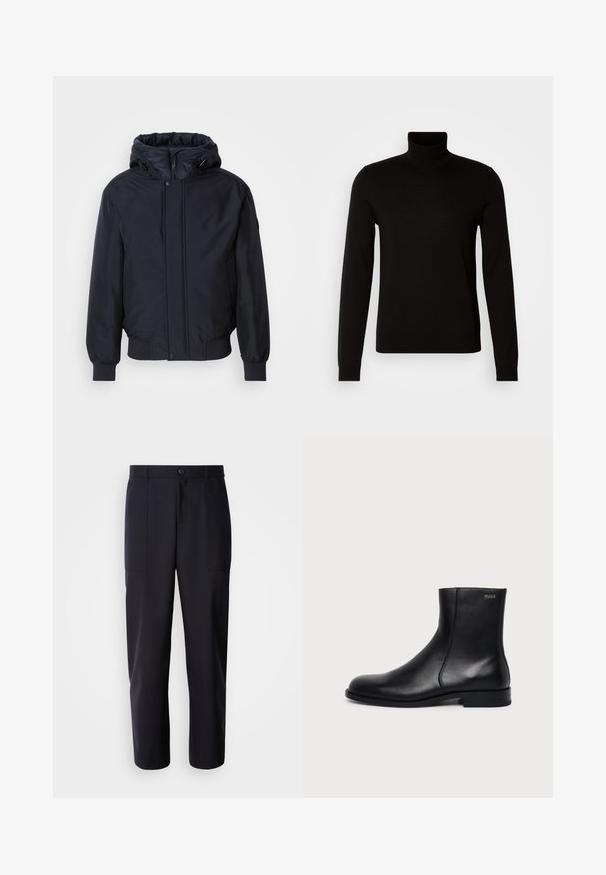 Sort hættetrøje med lynlås foran, elastiske ærmer og kant. Har en glat, mat overflade og minimalistisk design, velegnet til afslappet brug.; Sort turtleneck sweater lavet af et fint strikket stof, der har lange ærmer og en tætsiddende silhuet. Glat tekstur med ribbede manchetter.; Mørk navy bukser lavet af glat stof, med en lige ben design, to sidelommer og en knaplukning i taljen.; Sort læderankelstøvle med lav hæl, sidesyning og lille "HUGO" logo på den øverste manchet mod en ensfarvet baggrund.