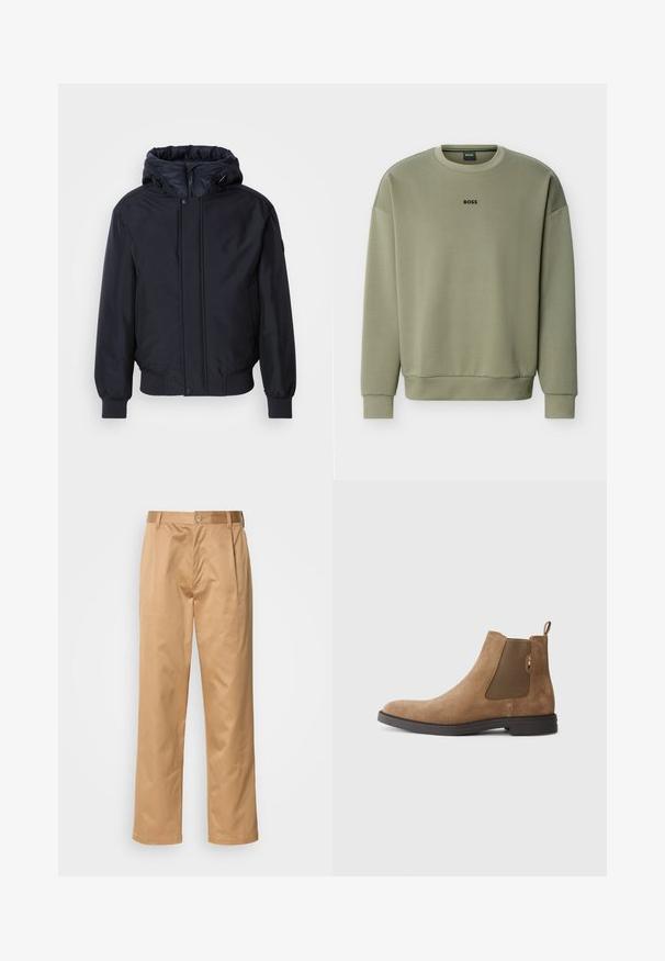 Must mustaga, lukuga ja elastsete mansettidega must kapuutsiga jakk. Omab siledat, mati viimistlust ja minimalistlikku disaini, sobib iga päev kandmiseks.; Oliveerohke roheline pika varrukaga ümar kaelusega pusa, mille rinnal on keskel "BOSS" logo.; Khekilõngid, puuvilla segu, sirge jala disain, ees olevad voldid, vööloopid ja nupuga sulg. Sile tekstuur ilma mustriteta.; Pruunist nubukist Chelsea saabas, millel on elastsed küljepaneelid ja tõmblõng. Omab ümarat varbaosa ja tasast kummist tallat, et tagada stabiilsus.