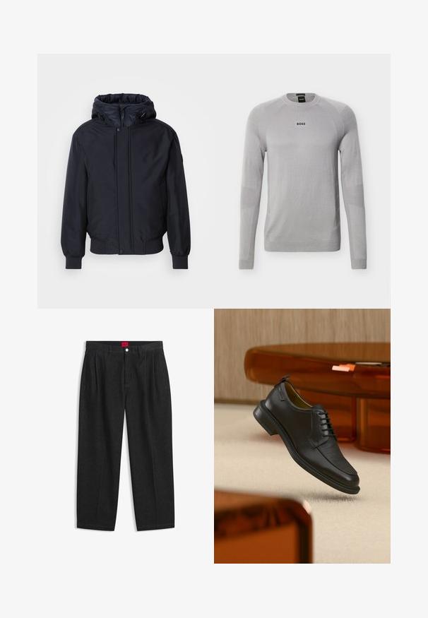 Zwarte capuchonjack met ritssluiting aan de voorkant, elastische manchetten en zoom. Heeft een gladde, matte afwerking en een minimalistisch ontwerp, geschikt voor casual kleding.; Lichtgrijze longsleeve trui met ronde hals, subtiele textuurdetails en zwart "BOSS"-logo gecentreerd op de borst.; Zwarte hoge taille broek met plooien aan de voorkant, ceintuurlussen, een knoop- en ritsluiting, en een rood label aan de binnenkant van de tailleband.; Zwarte leren veterschoen in de stijl van een nette schoen met een gestructureerd vooraanzicht, zwevend boven een beige tapijt in een moderne kamer met amberkleurige meubelen.