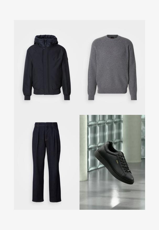 Sort hættetrøje med lynlås foran, elastiske ærmer og kant. Har en glat, mat overflade og minimalistisk design, velegnet til afslappet brug.; Grå ribbet strikket langærmet sweater med rund halsudskæring og ribbede manchetter, vist på en enkel hvid baggrund.; Mørkeblå vidde denim jeans med frontfældninger og orange syninger, vist på hvid baggrund.; Sort læder BOSS sneaker med snørebånd, der svæver indendørs foran en glasblokvæg og betongulv.