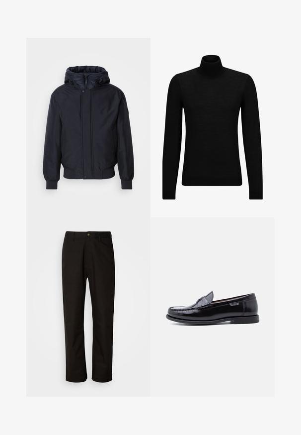 Zwarte capuchonjack met ritssluiting aan de voorkant, elastische manchetten en zoom. Heeft een gladde, matte afwerking en een minimalistisch ontwerp, geschikt voor casual kleding.; Zwarte coltrui van zacht materiaal, met lange mouwen en een snug fit. Geribbelde afwerking aan de onderkant en mouwen. Eenvoudig ontwerp.; Zwarte katoenen broek met een rechte snit, riemlussen, een ritssluiting aan de voorkant en een enkele knoopsluiting. Soepele textuur zonder zichtbare patronen.; Zwarte leren loafers met een glanzende afwerking, voorzien van een gestikt ontwerp op de neus en een lage, zwarte rubberen zool met structuur.
