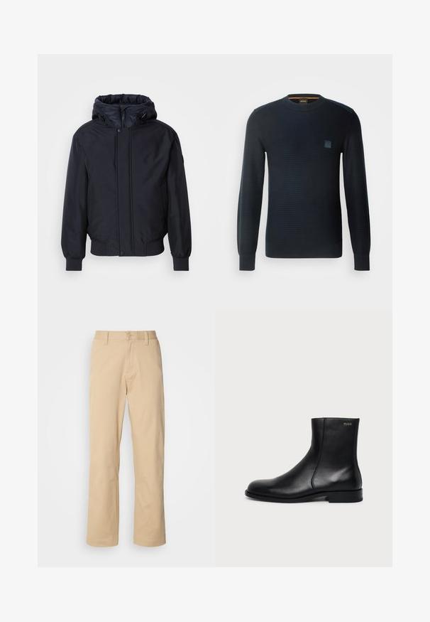 Zwarte capuchonjack met ritssluiting aan de voorkant, elastische manchetten en zoom. Heeft een gladde, matte afwerking en een minimalistisch ontwerp, geschikt voor casual kleding.; Gebreide donkerblauwe trui met lange mouwen, ronde hals, textuurstof en een klein logo-opnäher op de borst.; HUGO ZAYN - Broek - medium beige; Zwarte leren enkellaars met lage hak, zijstiksels en klein "HUGO" logo op de bovenste boord tegen een effen achtergrond.