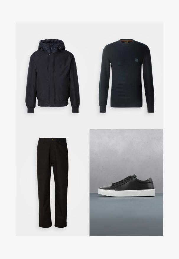 Chaqueta negra con capucha, cierre frontal de cremallera, puños y dobladillo elásticos. Presenta un acabado mate suave y un diseño minimalista, adecuado para uso informal.; Suéter de punto azul marino con mangas largas, cuello redondo, tejido texturizado y un pequeño parche de logo en el pecho.; Pantalones de algodón negros con corte recto, presillas para el cinturón, cremallera frontal y un solo botón de cierre. Textura suave sin patrones visibles.; Zapatilla de cuero negra con punta redonda, superficie texturizada, suela de goma blanca y cordones negros. Diseño minimalista con un perfil elegante.