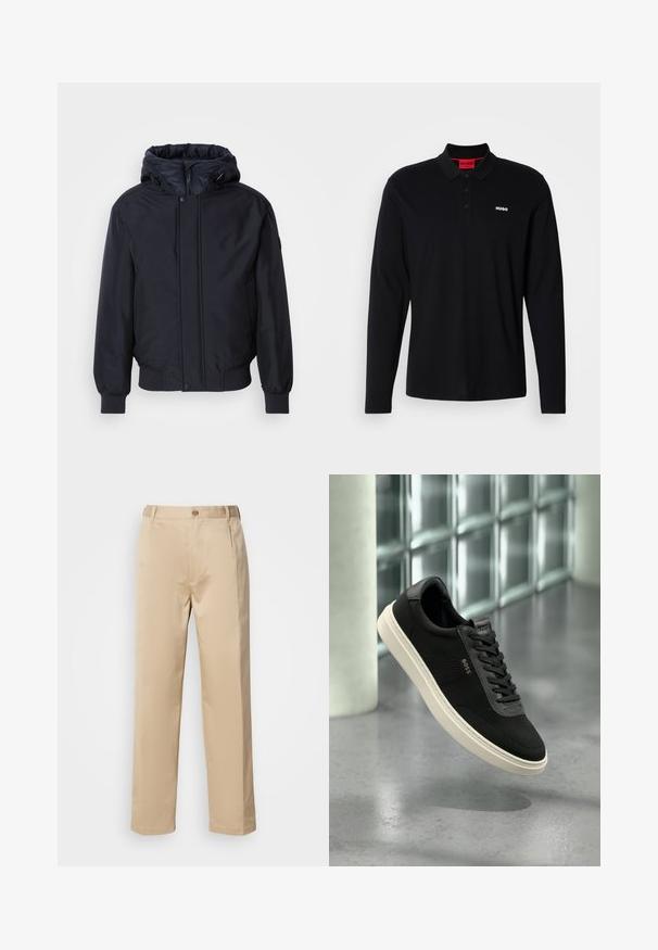 Must mustaga, lukuga ja elastsete mansettidega must kapuutsiga jakk. Omab siledat, mati viimistlust ja minimalistlikku disaini, sobib iga päev kandmiseks.; Must kleitpoli, millel on pikad varrukad, musta värvi, kummist, punase kraega ja kolme nupuga, valge "HUGO" logo rinnal.; Beige püksid, mis on valmistatud kerge materjali, sirge jala disaini, vöökoha, kus on vööaasad, ning ühe esise nupu kinnitusega.; Must madala lõuaga toss, valge tallaga, võrgukangast ja naha detailidega, külgedel „BOSS” logoga, esitatud klaasplokkidest seina taustal.