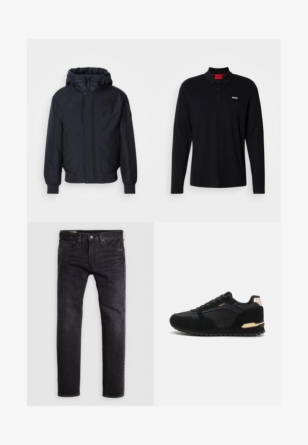 Must mustaga, lukuga ja elastsete mansettidega must kapuutsiga jakk. Omab siledat, mati viimistlust ja minimalistlikku disaini, sobib iga päev kandmiseks.; Must kleitpoli, millel on pikad varrukad, musta värvi, kummist, punase kraega ja kolme nupuga, valge "HUGO" logo rinnal.; Mustad teksapüksid sirge lõikega, viie taskuga, nupulukuga ja nähtava õmblusega õmbluste äärites.; Must must sportkingad, mis on valmistatud kombineeritud nubukist ja sünteetilistest materjalidest, kuldsete aktsentidega kanna ja logo peal. Logode räpane kummitald.