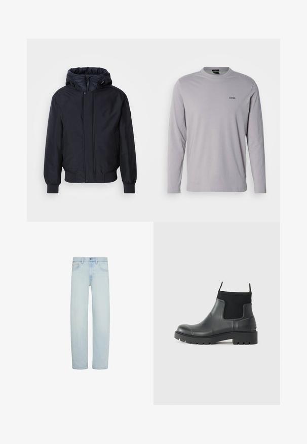 Sort hættetrøje med lynlås foran, elastiske ærmer og kant. Har en glat, mat overflade og minimalistisk design, velegnet til afslappet brug.; Langærmet T-shirt lavet af lysegrå bomuld med rund hals og et lille sort "BOSS"-logo på venstre bryst.; Lyseblå denimjeans med lige ben, foran knap- og lynlåslukning, bæltestropper og forlommer.; Sorte ankelstøvler lavet af gummi med en mat finish, der har et strømlinet design, elastiske paneler og en kraftig sål for godt greb.