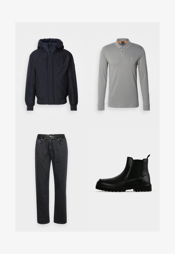 Zwarte capuchonjack met ritssluiting aan de voorkant, elastische manchetten en zoom. Heeft een gladde, matte afwerking en een minimalistisch ontwerp, geschikt voor casual kleding.; Lange mouwen polo shirt in lichtgrijze katoen met een knoopsluiting op de kraag, voorzien van een subtiele merklogo op de borst en een oranje accent.; Zwarte denim jeans met een rechte pasvorm, voorzien van een soepele leren tailleband, frontzakken en subtiele stikseldetails.; Zwarte leren enkellaars met een gestructureerde zool, elastische zijpanelen en een trekriempje op een lichtgrijze achtergrond.