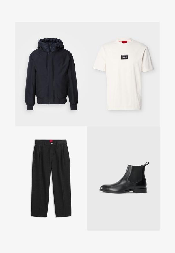 Sort hættetrøje med lynlås foran, elastiske ærmer og kant. Har en glat, mat overflade og minimalistisk design, velegnet til afslappet brug.; Hvid kortærmet T-shirt med rund hals og en lille sort rektangulær patch med hvid "HUGO" tekst på brystet.; Sorte bukser med høj talje med forreste læg, bæltestropper, knap og lynlås lukning samt en rød label indeni linningen.; Sorte læder ankelstøvler med elastiske sidepaneler, rund tå og en trækloft. Glat tekstur, flad sål, minimalistisk design.