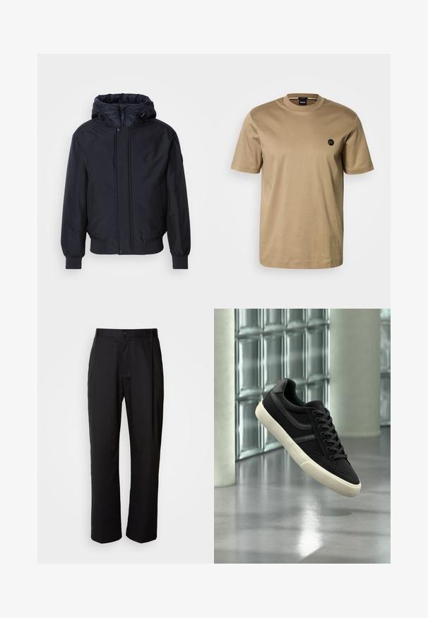 Must mustaga, lukuga ja elastsete mansettidega must kapuutsiga jakk. Omab siledat, mati viimistlust ja minimalistlikku disaini, sobib iga päev kandmiseks.; Lühikeste varrukatega T-särk, valmistatud puuvillast, kujundatud ümara kaelusega ja väikese musta logoga vasakul rinnal. Sile tekstuur, lõdvestunud lõige.; Mustad sirgedega mustad püksid, mis on valmistatud kerge kangaga. Omavad esist nupuga sulgemist ja kahte küljetaskut; sile tekstuur.; Must madala säärega tenniskond valge tallaga ja paeltega, kaubamärgiga "BOSS", sees hõljuv klaasplokkakende ja betoonpostide lähedal.