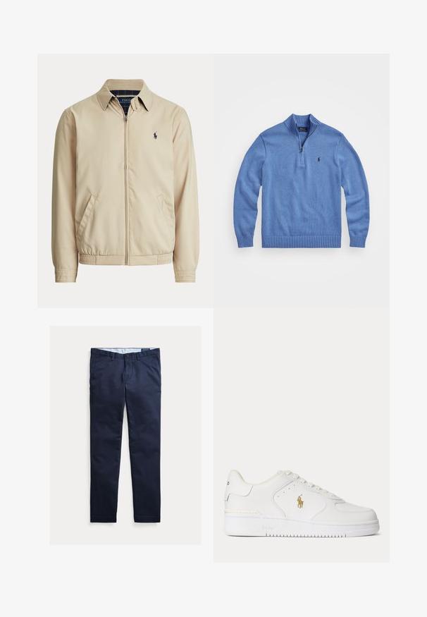 Beige jas met rits, kraag, zijzakken, elastische taille en een klein donker Polo Ralph Lauren-logo op de linkerborst.; Lichtblauwe, gebreide pullover met een hoge kraag, kwart-rits, ribgebreide manchetten en zoom, voorzien van een klein logo op de linkerkant van de borst.; Marineblauwe slim-fit herenchino's met riemlussen, voorste knoop en zakken, plat weergegeven op een witte achtergrond.; Witte lage leren sneaker met witte veters en een gouden Polo Ralph Lauren-logo aan de zijkant en "Polo" in de zool gegraveerd.