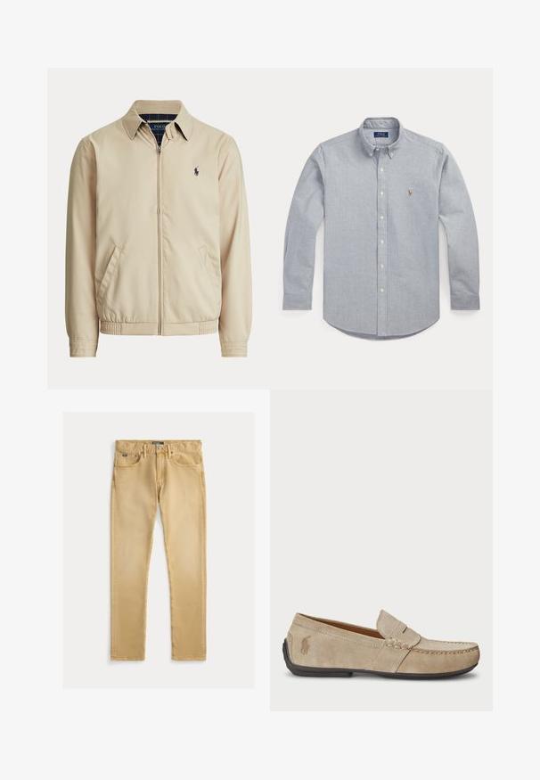 Beežitud lukuga jope krae, küljetaskud, elastne vöökoht ja väike tume Polo Ralph Laureni logo vasakul rinnal.; Helesinine nööbitav särk, valmistatud pehmest kangast; omadustega terav krae, pikad varrukad ja väike tikitud logo rinnal.; Beige puuvillased teksad, millel on kitsas lõige, viie tasku disain ja nähtav õmblus. Omab metallist nöpp ja silt vööl.; Bež sueded loafers, mille õmblustega detailide, lame kummitald ja väike logo küljel. Klassikaline libisev disain, pehme tekstuur.