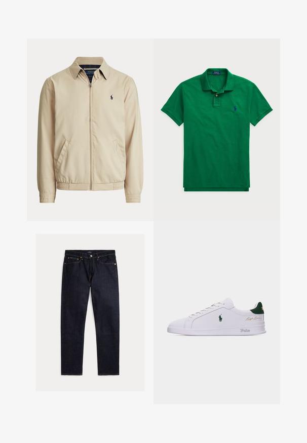 Beige jakke med lynlås, krave, sidelommer, elastisk talje og et lille mørkt Polo Ralph Lauren-logo på venstre bryst.; Grøn polo-shirt lavet af bomuldsstof, med klassisk krave, knaplukning, korte ærmer og en blå broderet logo på brystet.; Mørk indigoblå jeans med lige ben, fem lommer, knap- og lynlås lukning samt kontrastfulde orange syninger på en ensfarvet baggrund.; Hvid lavtopsneaker med grøn hælkappe, broderet Polo hestelogo på siden, "Polo" tekst på sålen og guld "Ralph Lauren" signatur på overdelen.