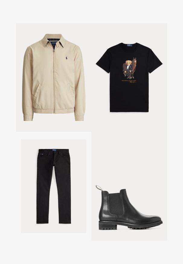 Beige jakke med lynlås, krave, sidelommer, elastisk talje og et lille mørkt Polo Ralph Lauren-logo på venstre bryst.; Sort t-shirt med grafik af en tøjdyrbjørn iført formelt rideudstyr, stående ved siden af en brun hest.; Sorte denimjeans med slim pasform, der har fem lommer, bæltestropper og et blåt mærke på linningen. Glat, holdbart stof.; Sort læder Chelsea-støvle med elastiske sidepaneler, trækstrop bagpå, riffel-gummisål og lav hæl, vist i profil.