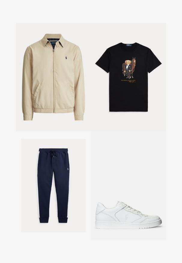 Veste beige zippée avec col, poches latérales, taille élastique et petit logo Polo Ralph Lauren foncé sur la poitrine gauche.; T-shirt noir avec un graphisme représentant un ours en peluche vêtu d'une tenue équestre formelle, debout à côté d'un cheval brun.; Pantalon de survêtement bleu marine avec panneaux latéraux blancs, taille élastique avec cordon de serrage, poignets côtelés et petit logo brodé sur la partie supérieure de la jambe.; Baskets en cuir blanc avec une texture lisse, présentant un bout perforé, un système de laçage et un logo brodé sur le côté. Semelle en caoutchouc blanc.