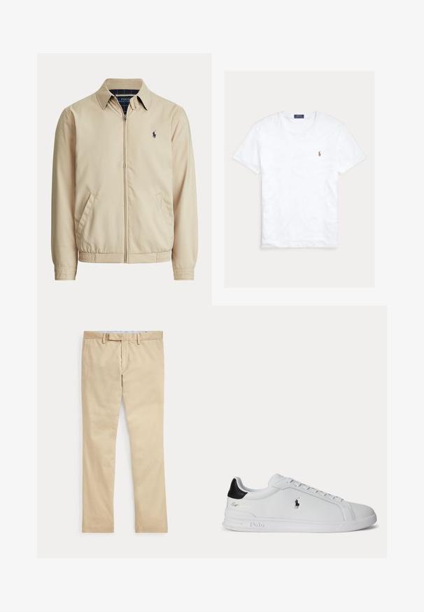 Beige jakke med lynlås, krave, sidelommer, elastisk talje og et lille mørkt Polo Ralph Lauren-logo på venstre bryst.; Hvid T-shirt med rund hals og korte ærmer med lille broderet Polo Ralph Lauren-logo på venstre bryst og blå mærkeetiket indvendigt i kraven.; Beige bukser med lige ben, bæltestropper og frontlynlås, lagt fladt mod en hvid baggrund.; Hvid lavtop sneaker med sort hælfane, snørebånd og Polo Ralph Lauren-logo på siden, med præget såldetaljer.