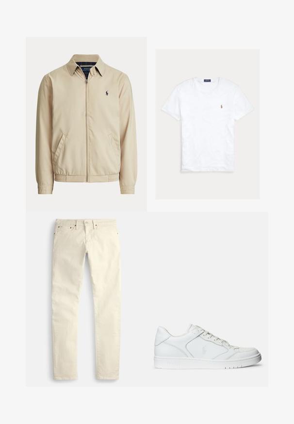 Beežitud lukuga jope krae, küljetaskud, elastne vöökoht ja väike tume Polo Ralph Laureni logo vasakul rinnal.; Valge lühikeste varrukatega ümara kaelusega T-särk, millel on väike Polo Ralph Laureni tikitud logo vasakul rinnal ning sinine kaubamärgi silt krae sees.; Heledat beezhitooni sirge säärega püksid, valmistatud tekstuurse kangaga. Omavad viit taskut ja pruuni metallist riistvara. Pole nähtavaid mustreid ega aksente.; Valged nahast spordijalatsid siledast materjalist, millel on ventilatsiooniga varvas, paelad ja kõrvale brodeeritud logo. Valge kummitald.