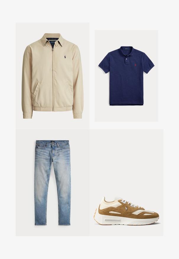 Beige jakke med lynlås, krave, sidelommer, elastisk talje og et lille mørkt Polo Ralph Lauren-logo på venstre bryst.; Mørkeblå Ralph Lauren polo med korte ærmer, to-knaps stolpelukning og rødt broderet hestelogo på venstre bryst.; Lys blå denimjeans med en falmet finish, fem-lomme design og kontraststing. Har lynlås og bæltesløjfer. Lige pasform.; Hvid og tan sneaker med tyk sål, overdel i ruskind og mesh, snørelukning foran og Ralph Lauren-logo på siden.