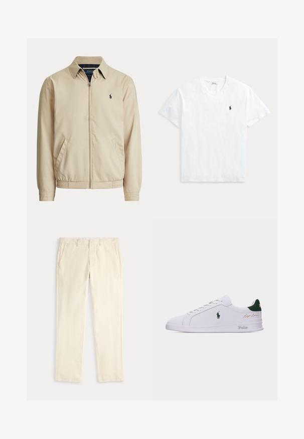 Veste beige zippée avec col, poches latérales, taille élastique et petit logo Polo Ralph Lauren foncé sur la poitrine gauche.; T-shirt blanc à manches courtes et col en V avec un petit logo cheval Polo Ralph Lauren bleu marine sur la poitrine gauche.; Pantalon droit de couleur crème avec passants de ceinture et poches latérales, présenté à plat sur un fond clair.; Baskets blanches basses avec languette de talon verte, logo brodé du cheval Polo sur le côté, texte "Polo" sur la semelle, et signature dorée "Ralph Lauren" sur la tige.
