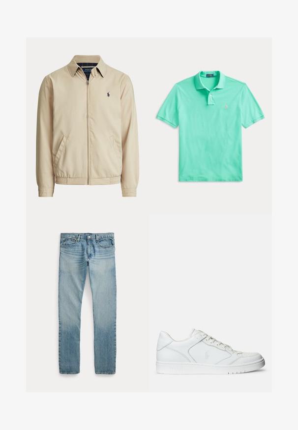 Béžová bunda na zips s golierom, bočnými vreckami, elastickým pásom a malým tmavým logom Polo Ralph Lauren na ľavej strane hrudníka.; Mintovo zelená krátky rukáv polokošeľa s golierom, zapínaním na dva gombíky a malým ružovým vyšívaným logom na hrudi.; Svetlomodré rifle s rovným strihom, piatimi vreckami, zapínaním na gombíky a jemnými vyblednutými detailmi okolo stehien a kolien.; Biele kožené tenisky s hladkým povrchom, obsahujúce perforovanú špičku, šnúrkové uzatvorenie a vyšívané logo na boku. Biela gumová podrážka.