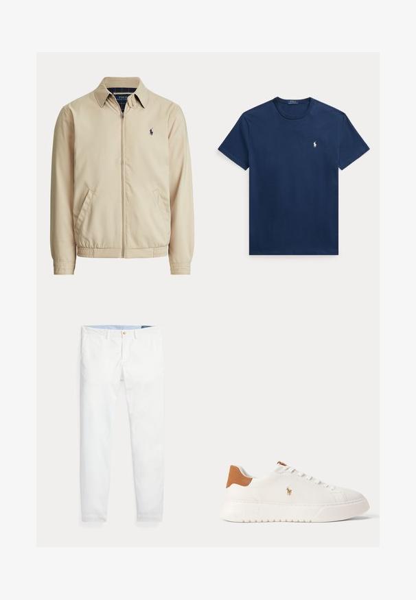 Beige jakke med lynlås, krave, sidelommer, elastisk talje og et lille mørkt Polo Ralph Lauren-logo på venstre bryst.; Marineblå bomuld t-shirt med rund hals og korte ærmer. Lille hvid polo-logo på venstre bryst. Klassisk pasform og glat tekstur.; Hvide bomuldschinos med slank pasform, med en enkelt guldknaplukning og lyseblåt inderliv. Glat tekstur uden mønstre.; Hvid lavtop sneaker med tan hælfane, hvide snørebånd og lille broderet polo-spiller logo på siden over en tyk sål.