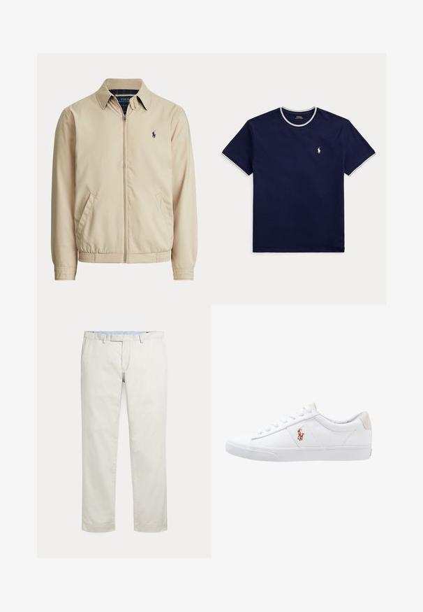 Beige jas met rits, kraag, zijzakken, elastische taille en een klein donker Polo Ralph Lauren-logo op de linkerborst.; Marineblauw T-shirt met korte mouwen en ronde hals met witte bies op kraag en mouwen, met klein wit Polo Ralph Lauren-logo op de linkerborst.; Rechte broeken in roomkleur met riemlussen en een verborgen voorsluiting op een effen achtergrond.; Witte canvas sneakers met een laag ontwerp, featuring een beige hieltab en een klein geborduurd logo aan de zijkant. Rubber zool.