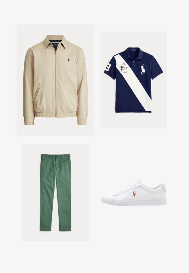Beige jakke med lynlås, krave, sidelommer, elastisk talje og et lille mørkt Polo Ralph Lauren-logo på venstre bryst.; Mørkeblå polo shirt med hvid diagonal stribe, stort nummer 3 på ærmet, yachtklub mærke og hvid polo spiller logo på brystet.; Grønne herrebukser med lige ben, forlommer, bæltestropper og knaplukning, vist fladt på en hvid baggrund.; Hvide kanvas sneakers med lågtop design, prydet med en beige hælkappe og et lille broderet logo på siden. Gummisål.