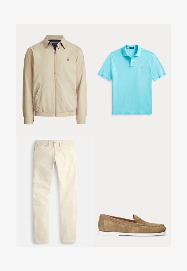 Beige jas met rits, kraag, zijzakken, elastische taille en een klein donker Polo Ralph Lauren-logo op de linkerborst.; Lichtblauw poloshirt met korte mouwen, voorzien van twee knopen en een klein roze geborduurd logo op de borst, plat uitgespreid op een witte achtergrond.; Lichtbeige rechte broek van een gestructureerde stof. Voorzien van vijf zakken en bruine metalen accenten. Geen zichtbare patronen of versieringen.; Lichtbruine suède mocassinstijl loafer met witte zool en zichtbare stiksels langs de neus en zijkanten, zijaanzicht.