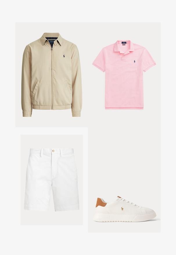 Béžová bunda na zips s golierom, bočnými vreckami, elastickým pásom a malým tmavým logom Polo Ralph Lauren na ľavej strane hrudníka.; Svetloružové polo s krátkym rukávom, golierom a malým tmavomodrým vyšívaným logom na ľavej strane hrudníka.; Biele šortky po kolená s pútkami na opasok a hnedým gombíkom na zapínanie v páse, zobrazené na jednoduchom pozadí.; Biely nízky teniska s béžovou pätovou záložkou, bielymi šnúrkami a malým vyšívaným logom hráča póla na boku nad tlustou podrážkou.