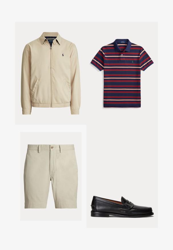 Béžová bunda na zips s golierom, bočnými vreckami, elastickým pásom a malým tmavým logom Polo Ralph Lauren na ľavej strane hrudníka.; Tmavomodré polo tričko s červenými, zelenými a oranžovými horizontálnymi pruhmi, krátkymi rukávmi, zapínateľným golierom a malým zeleným logom na hrudi.; Béžové šortky po kolená s pútkami na opasok, zapínaním na gombík a zipsom, zobrazené na bielom pozadí.; Čierny kožený mokasín s nízkym podpätkom a detailom s penny remienkom, zobrazený z boku na svetlosivom pozadí.
