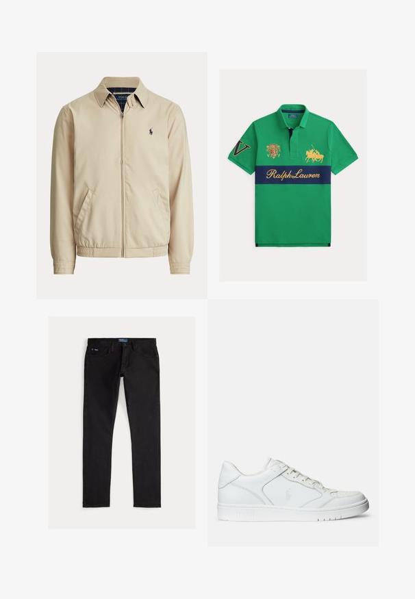 Beige jas met rits, kraag, zijzakken, elastische taille en een klein donker Polo Ralph Lauren-logo op de linkerborst.; Groen poloshirt met marineblauwe horizontale streep, geborduurd logo en tekst in geel, korte mouwen, katoenen materiaal, klassieke kraag.; Zwarte denim jeans met een slim fit, voorzien van vijf zakken, riemlussen en een blauw merkembleem op de tailleband. Glad, duurzaam materiaal.; Witte leren sneaker met een gladde textuur, voorzien van een geperforeerde neus, vetersluiting en geborduurde logo aan de zijkant. Witte rubberen zool.