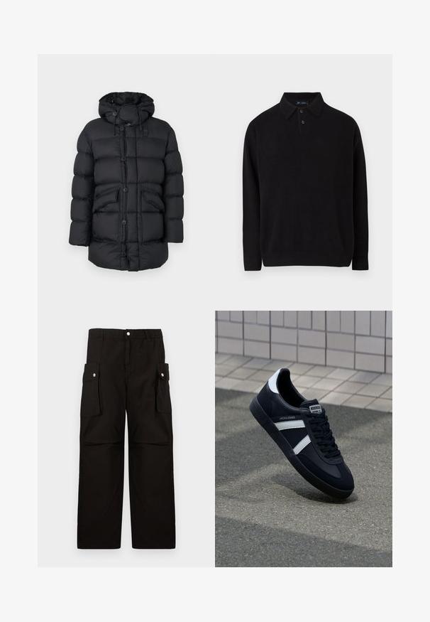 Chaqueta acolchada negra con capucha, con grandes secciones acolchadas, dos bolsillos frontales, cierre de botones completo y cordones ajustables.; Suéter negro de manga larga con cuello tipo polo, tapeta de tres botones, puños y dobladillo acanalados, hecho de un material de punto suave.; Pantalones cargo negros de tela suave, con una cinturilla elástica, bolsillos laterales con solapas y un diseño holgado de pierna recta.; Zapatilla de cuero negra con rayas blancas, suela de goma texturizada y parte frontal con cordones. Cuenta con una etiqueta de marca en la lengüeta.