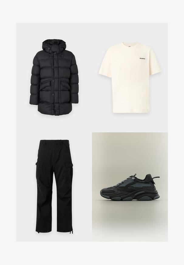Chaqueta acolchada negra con capucha, con grandes secciones acolchadas, dos bolsillos frontales, cierre de botones completo y cordones ajustables.; Camiseta de algodón color crema con mangas cortas, que presenta un pequeño logo negro de "Dickies" en el área del pecho izquierdo. Corte sencillo y relajado.; Pantalones cargo negros con bolsillos delanteros y laterales, cierre de botones, trabillas para cinturón y lazos ajustables en los tobillos, mostrados planos sobre un fondo blanco.; Zapatilla gruesa en negro y gris con paneles de tela texturizada, cordones estampados, suela gruesa y lengüeta para tirar, sobre un fondo neutro.