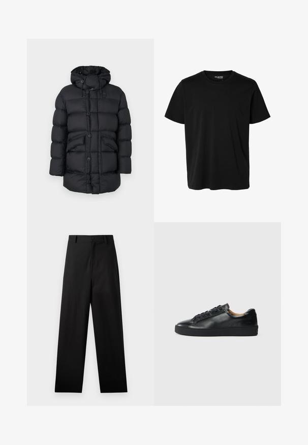 Chaqueta acolchada negra con capucha, con grandes secciones acolchadas, dos bolsillos frontales, cierre de botones completo y cordones ajustables.; Camiseta negra lisa de manga corta y cuello redondo con corte de hombre, sin patrones ni logotipos visibles en el delantero.; Pantalones negros de algodón con un diseño de pierna recta, que cuentan con un cierre frontal de botón y bolsillos laterales. Textura lisa, sin patrones.; Zapatilla negra de cuero con una textura suave, puntera redonda y cierre de cordones. Presenta una suela de goma gruesa y un detalle de marca mínimo.